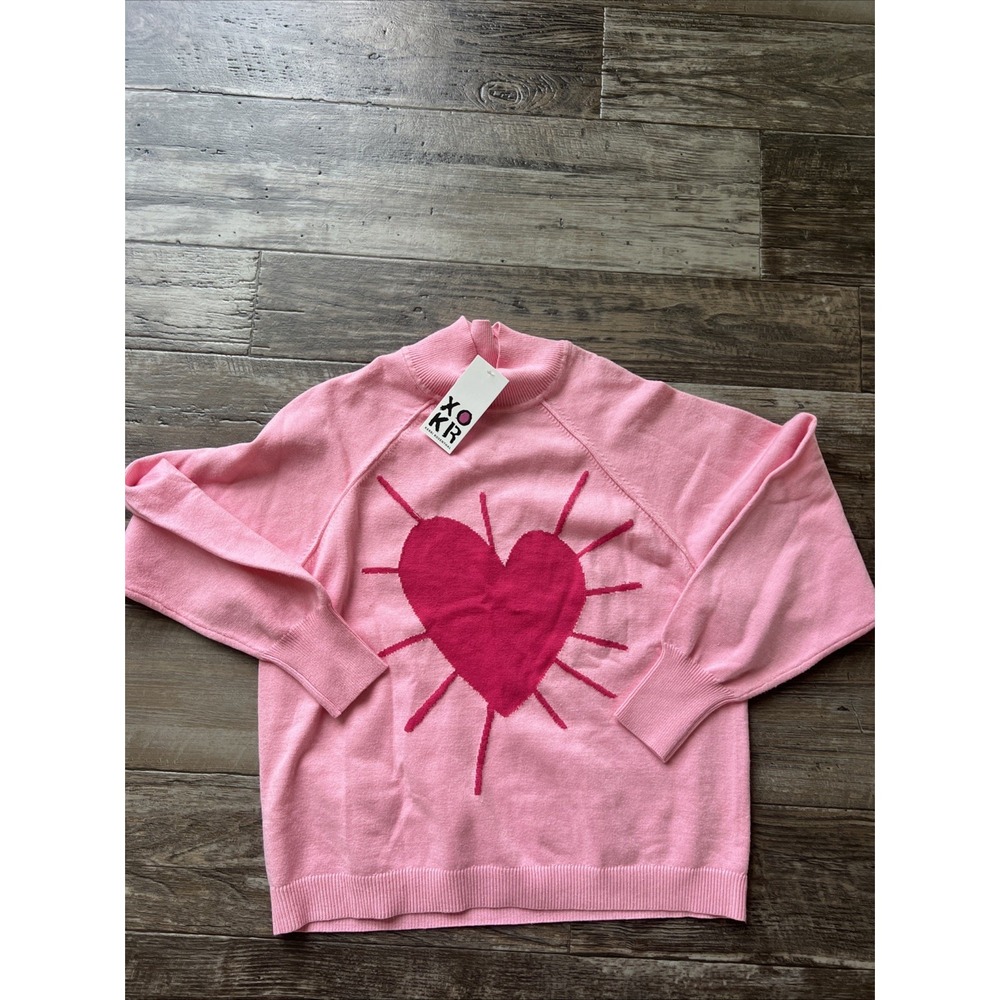 XOKR Kerri Rosenthal Sweater Small Pink‎ Heart Mock Neck Cropped Boxy Oversized